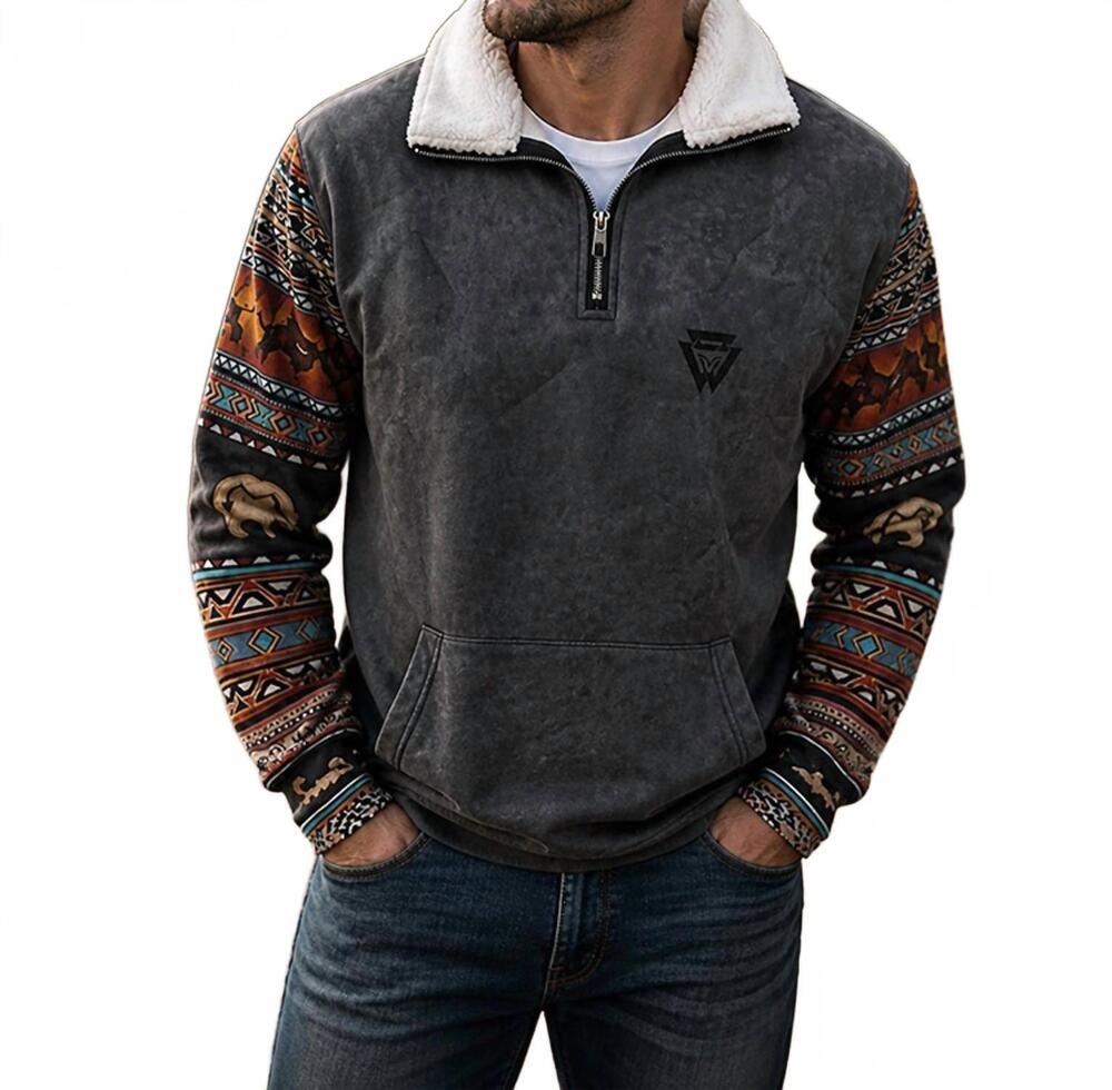 NEW LEGEND OR LIES 1/4-zip aztec sleeve sherpa collar sweatshirt